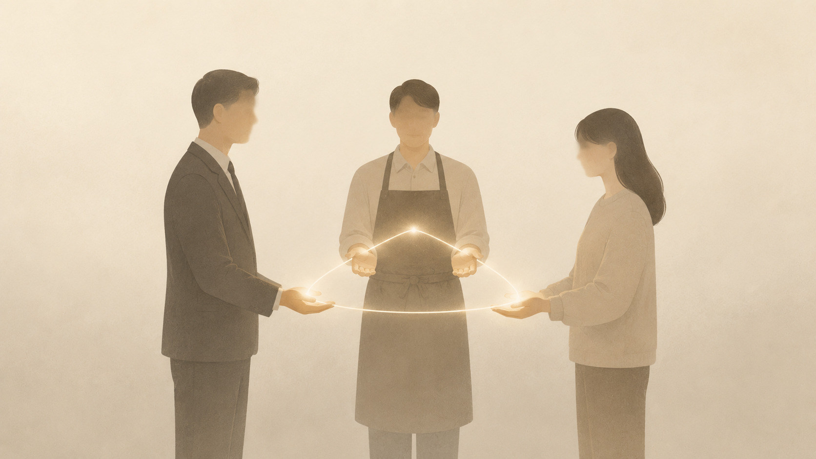 정장 차림의 사람, 앞치마를 두른 가게 주인, 소비자가 빛나는 선 하나로 이어져 있다